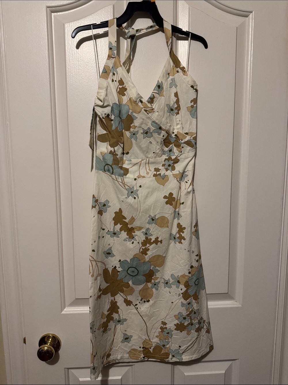 Blue and tan floral halter dress